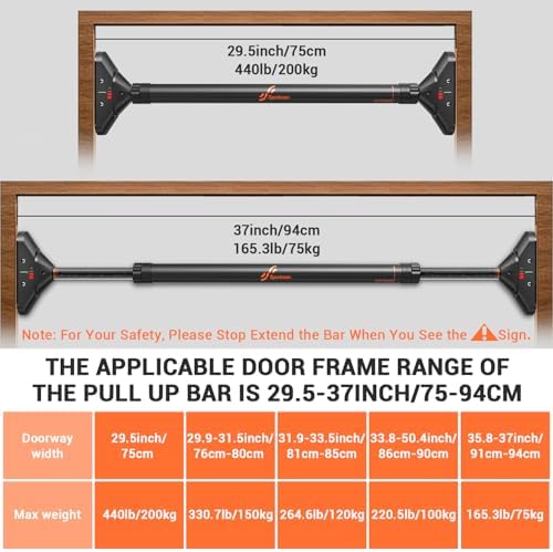 Sportneer Pull Up Bar: Strength Training Chin up Bar without Screws - Adjustable 29.5''-37'' Width Locking Mechanism Pull-up Bar for Doorway - Max Load 440lbs for Home Gym Upper Body Workout, Non-slip