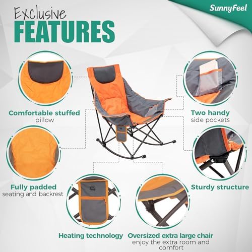 SUNNYFEEL Oversized Heated Camping Chair, Folding Rocking Camping Chairs with Luxury Padded Recliner,Carry Bag, 500 LBS Heavy Duty for Lawn/Outdoor/Picnic/Patio, Portable Rocker Camp Chair