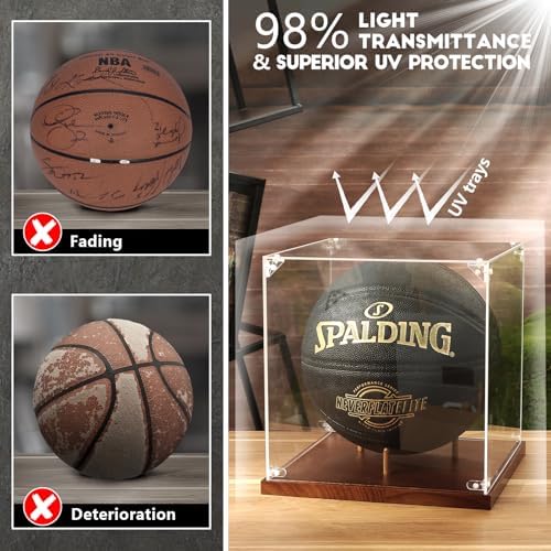 JupDec Basketball Display Case Acrylic Clear 10" Full Size with Solid Wood Base, UV Protected Soccer Display Stand Box for Autographed Standard NBA WNBA Ball Memorabilia Keepsake Ideal Gift Athlete