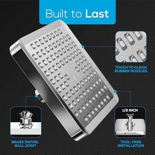 SparkPod Shower Head - High Pressure Rain - Premium Quality Luxury Design - 1-Min Install - Easy Clean Adjustable Replacement for Your Bathroom Shower Heads (Luxury Polished Chrome, 6 Inch Square)
