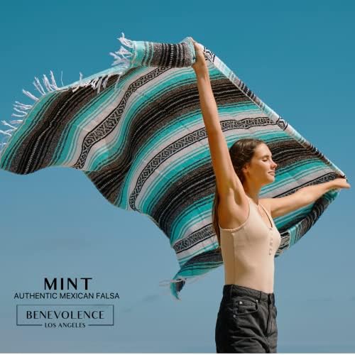 Benevolence LA Authentic Handwoven Mexican Blanket | Yoga Blankets, Outdoor, Picnic, Beach, Camping | Equestrian Saddle | Serape 50x70 inches - Mint, Pack of 1
