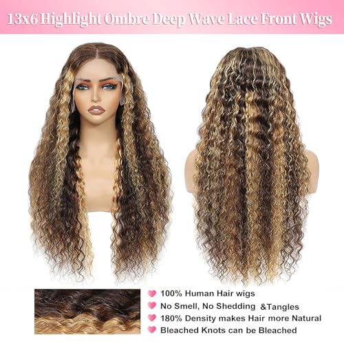 Aimking 13x6 Highlight Ombre Lace Front Wig Human Hair Wigs For Women 180% Density 4/27 HD Deep Wave Lace Frontal Wigs Curly Honey Blonde Wig Human Hair Pre Plucked With Baby Hair Colored (26 Inch)