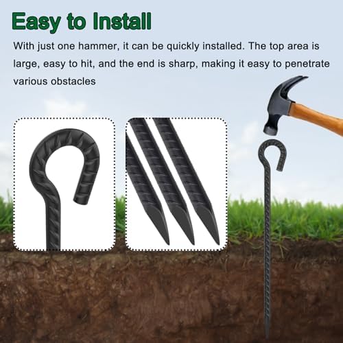 18 Inch Rebar Stakes with Loop 12 Pack Tent Stakes Heavy Duty 1/2 Inch Diameter Metal Tree Stakes and Supports, Rope Stakes for Walkway Fence Trampoline Outdoor Camping, Black