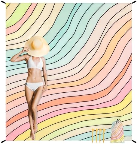 Beach Blanket Waterproof Sandproof, 9 Ft X 10 Ft Extra Large Sand Free Beach Mat, Big Compact Lightweight Quick Drying Picnic Blanket with 4 Stakes & Pockets for Camping, Travel, Hiking