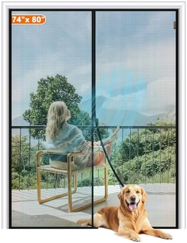 MAGZO Magnetic Screen Door Fit Door Size 74 x 80 Inch, Screen Size 76" x 81" Strong Magnet French Style Mesh, Heavy Duty Fiberglass Mesh with Hook & Loop for Sliding Entrance, Gray