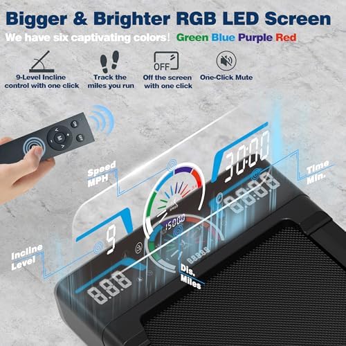 Walking Pad Treadmill with 12% 9-Level Auto Incline, 450 lbs Capacity and RGB LED Screen Under Desk Treadmill with Hiking Mode, Compact Treadmills for Home Small/Office