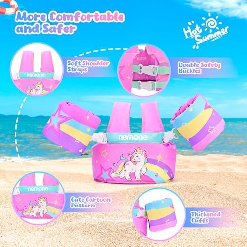 NEMONE Toddler Swim Vest for 22-70 lbs Kids Floaties Swim Jacket with Arm Water Wings for Girls Boys 2 3 4 5 6 7 Years Old Sea Beach Pool