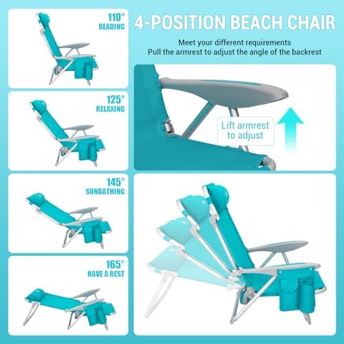 #WEJOY Folding Beach Chair for Adults, 4-Position Aluminum Lightweight Beach Chair, Low Sands Chairs with Shoulder Strap, Cup Holder and Padded Headrest, Supports 265lbs for Lawn