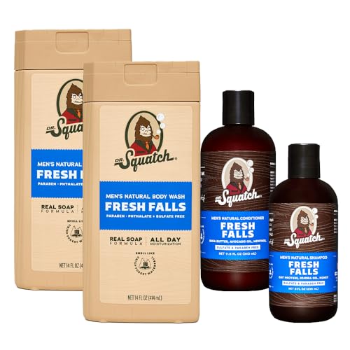 Dr. Squatch NEW Natural Body Wash and Hair Kit for Men Gift Set | No Paraben, Phthalate, Sulfate | Fresh Falls Body Wash (14 oz, 2-Pack), Shampoo (8 fl oz) & Conditioner (11.5 fl oz)