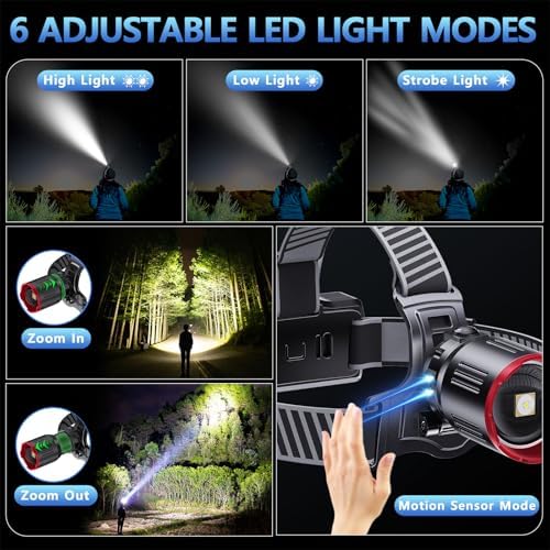 TDT 2000 LUMENS LED Rechargeable Head Lamps, Zoomable Headlamp with 6 Modes & IPX7 Waterproof, 120° Adjustable Head Lights for Forehead for Outdoor, Camping, Hard Hat, Running, Hunting