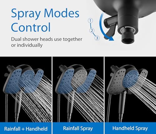 Black Shower Heads with Handheld Spray Combo 2.5GPM: 10” Rainfall Shower Head & Detachable Shower Head, 10 Spray Settings Handheld Shower Head with ON/OFF Switch and 15-Stage Filter