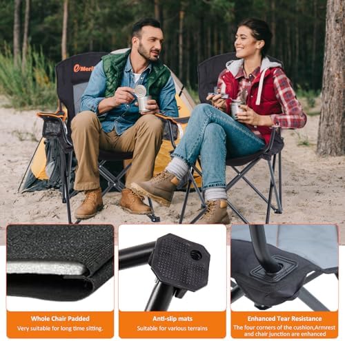 EMERIT Oversized Padded Camping Chair, 350LB Heavy Duty Quad Fold Chair with Arms, Collapsible Outdoor Chairs with Lumbar Back & Cup Holder Black