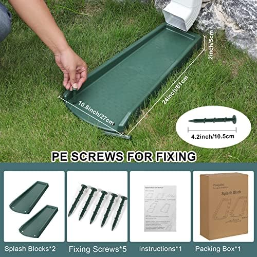 Rain Gutter Downspout Splash Block, Gutter Downspout Extensions for Water Drainage, 24" Gutter Splash Guards Downspout Extender, Fixable Down spout Drain Trays with PE Nails(2 Pack, Green)