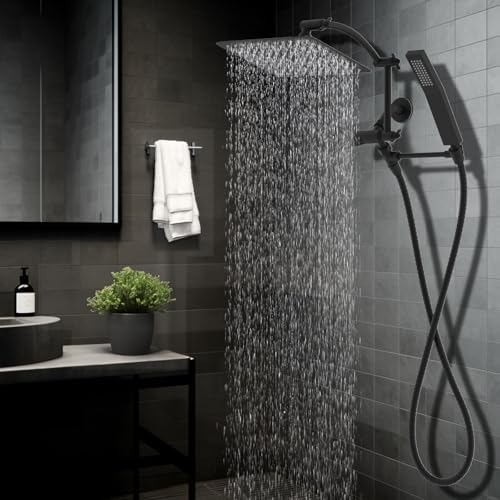 Hibbent All Metal 10'' Rainfall Shower Head, Dual Shower Head Combo, High Pressure Handheld Shower Wand, 16'' Adjustable Arc-shaped Shower Extension Arm, 71'' Hose, Showerhead Holder, Matte Black