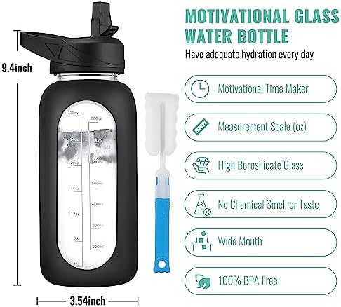CIVAGO 40 oz Glass Water Bottle with Straw and Handle, Large Sports Motivational Water Bottle Flask with Time Marker and 2 Lids, Leakproof Water Jug Canteen with Silicone Sleeve for Gym,Army Green