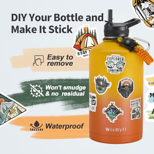 One Gallon Water Bottle Insulated with DIY Stickers, Triple Wall Vacuum Cold for 48 Hrs Leak-proof Non-BPA, 128oz Large Sports Stainless Steel Water Jug with Paracord Handle Straw Spout Lids
