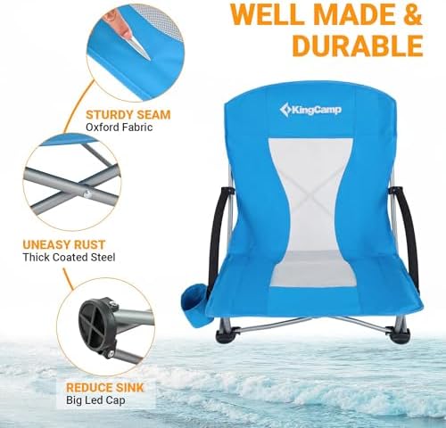 KingCamp Low Beach Chairs, Portable Folding Chair for Adults Extra Wide Ergonomic High Back Seat 300lbs Heavy Duty Lightweight Oversized Gear with Carry Bag for Outdoor Lawn Camping Picnic