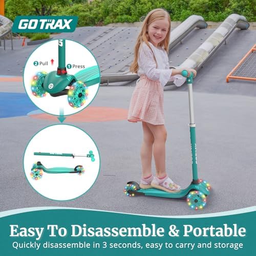 Gotrax KS1 Kids Kick Scooter, LED Lighted Wheels and 3 Adjustable Height Handlebars, Lean-to-Steer & Widen Anti-Slip Deck, 3 Wheel Scooter for Boys & Girls Ages 2-8 and up to 100 Lbs