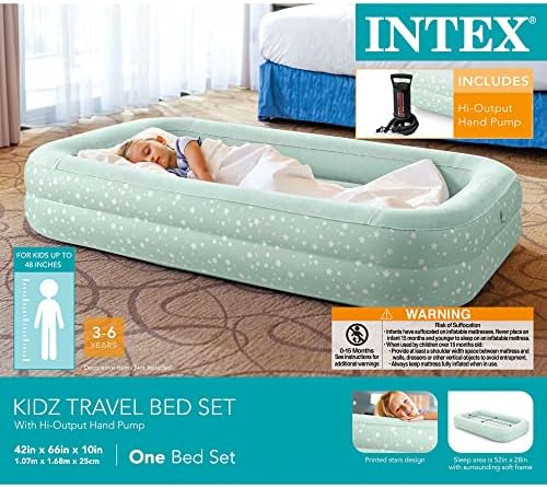 Intex Kids Travel Air Mattress Inflatable Bed with Raised Sides and Hand Pump - Portable Blow-Up Toddler Traveler Bed for Children's Naps or Sleep