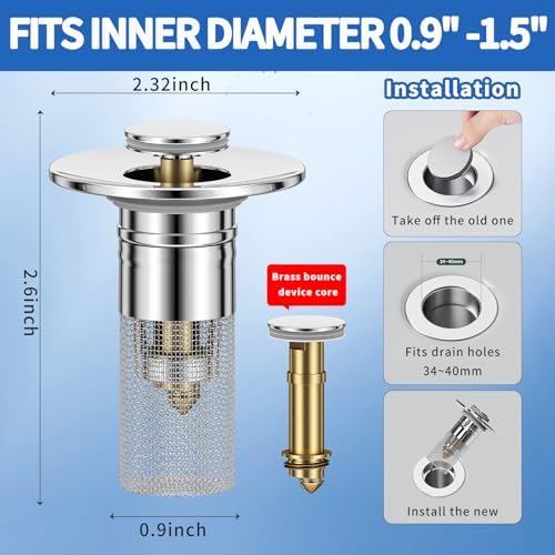 Bathroom Sink Drain Strainer, Pop-Up Bathroom Sink Stopper with Removable Stainless Steel Hair Catcher Basket, Universal Fit for US Bathroom Sinks, Bathtubs, Showers & Floor Drains (4 Pack)