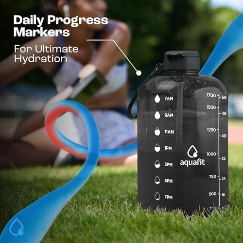 AQUAFIT 64 oz Water Bottle with Time Marker - Straw & Chug Lid - BPA Free Half Gallon, Big With Handle, Gym Bottle (Aqua, 64 Ounces)