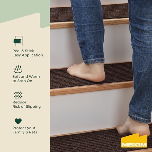 MBIGM 8" X 30" (15 in Pack) Nonslip Carpet Stair Treads Non-Skid Safety Rug Slip Resistant Indoor Runner for Kids Elders & Pets with Reusable Adhesive - Brown - Non Slip Stair Treads Indoor