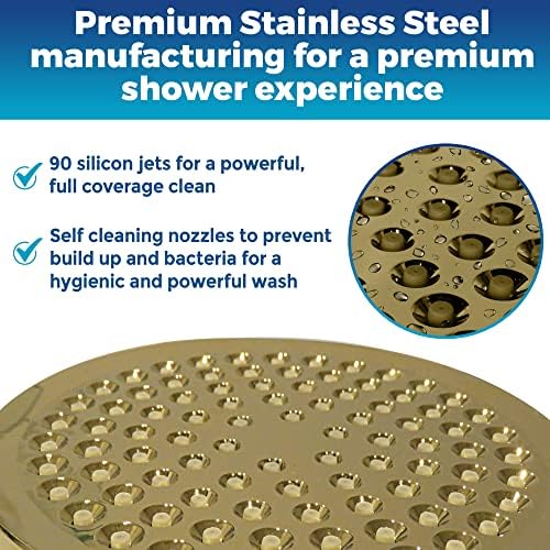 High Pressure Shower Head - Anti-Clogging Silicone Nozzles - 2.5 GPM Removable Restrictor - Easy to Clean Adjustable Replacement - easy to install with Plumbers Tape - 6 inch - Elegant Gold Finish