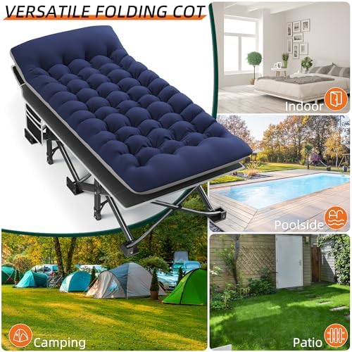 Portable Camping Cot, 32" Extra Wide Camping Cots for Adults with Thick Mattress, Heavy Duty Sleeping Cot Holds Up to 600LBS, Cots for Sleeping, Rv, Beach, Patio, Office Naps(Blue)