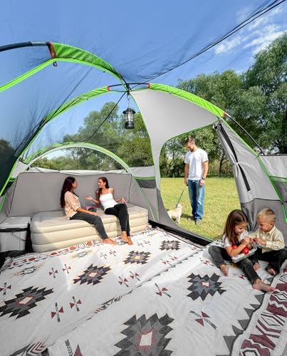 8 Person Larger Extended Dome Camping Tent with 3 Rooms, Waterproof Semi-Freestanding Family Outdoor Tent with Spacious Interior and Mesh Windows