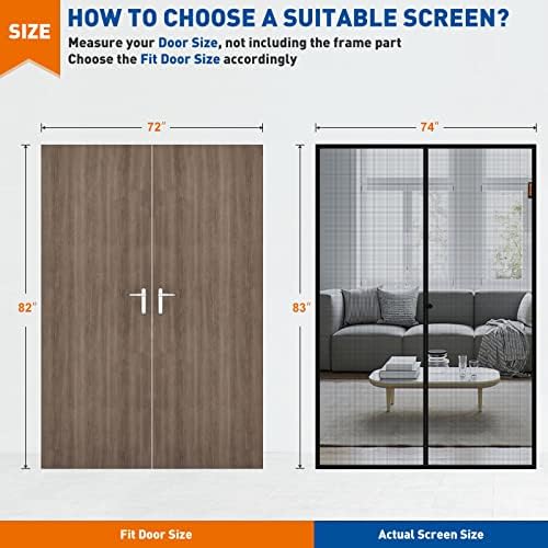 MAGZO Magnetic Screen Door Fit Door Size 72 x 82 Inch, Screen Size 74" x 83" Strong Magnet French Style Mesh, Heavy Duty Fiberglass Mesh with Hook & Loop for Sliding Entrance, Gray