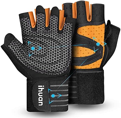 ihuan Ventilated Weight Lifting Gym Workout Gloves with Wrist Wrap Support for Men & Women, Full Palm Protection, for Weightlifting, Training, Fitness, Hanging, Pull ups