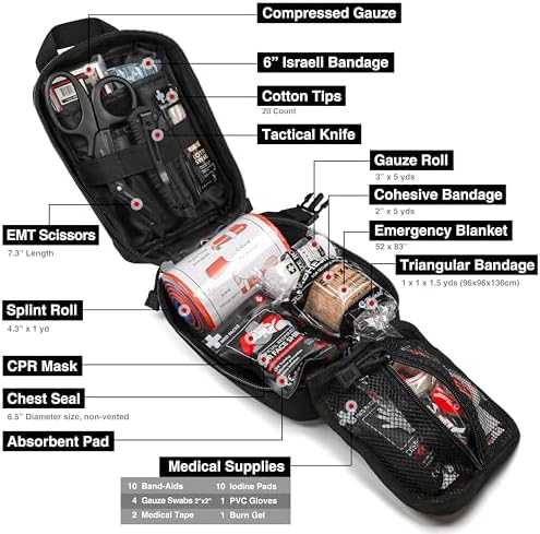 Survival First Aid Kit with Israeli Bandage, Splint, Chest Seal, Tactical Military Combat Molle IFAK for Wound Care, Bleeding Control, Trauma Hemorrhage and More