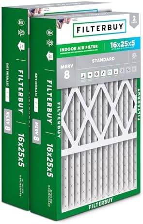 Filterbuy 16x25x5 Air Filter MERV 8 Dust Defense (2-Pack), Pleated HVAC AC Furnace Air Filters for Honeywell FC100A1029, Lennox X6670, Carrier, & More (Actual Size: 15.75 x 24.75 x 4.38 Inches)