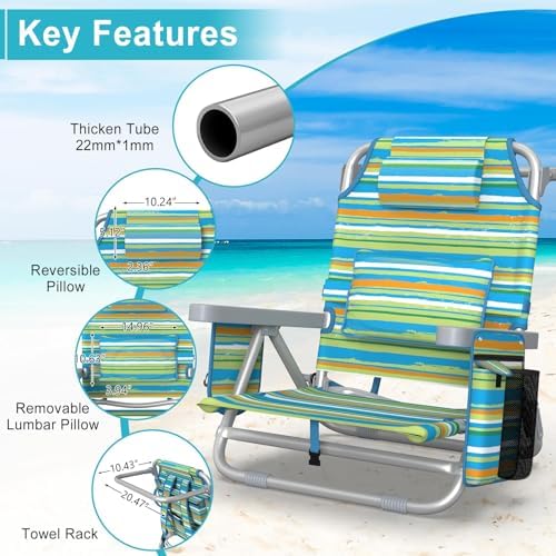 Suteck Beach Chair, Adjustable 5-Position Backpack Beach Chairs for Adults Kids, Foldable Lay Flat Chair with Cooler Bag, Cup Holder and Lumbar Pillow, Reclining Lay Down Chairs for Lawn Outdoor