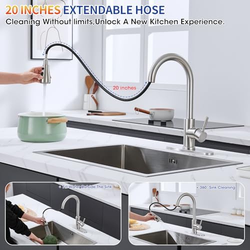 Kitchen Faucets with Pull Down Sprayer, High Arc Single Handle Stainless Steel Commercial Kitchen Faucet 1 or 3 Hole Sink Faucet for Farmhouse Camper Laundry Rv Bar, Brushed Nickel