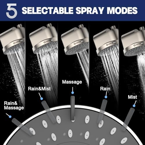 High Flow Filtered Shower Head, HOPOPRO 5 Modes High Pressure Fixed Showerhead with Filter, 2-In-1 Shower Head Filter for Hard Water, Remove 99% Chlorine, Improves Skin Hair Condition (6 Inch Brushed)