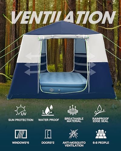 14.1'x6.5'x9' Inflatable Tents for Camping, Portable 6/8/10 Person Blow Up Air Tent, Waterproof Windproof Easy Setup Large Family Tent with 2 Doors, 6 Windows, Mosquito Screen