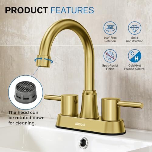 Gold Bthroom Faucet, Brushed Gold Bathroom Faucet, Gold Faucets for Bathroom Vanity, 4 Inch 2 Handle Centerset, Lead-Free, with Copper Pop Up Drain (Brushed Gold)