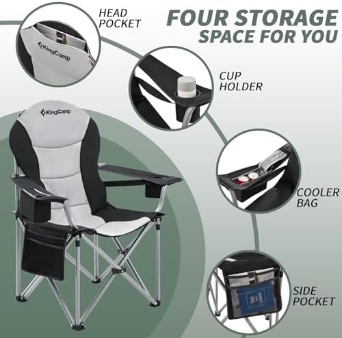 KingCamp Oversized Camping Folding Chair with Lumbar Support, Heavy Duty Ergonomic Padded Arm Chair with Cooler Bag, Cup Holder, Portable for Outdoor