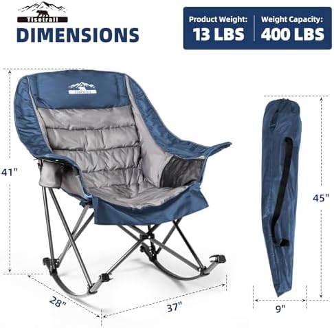 Oversized Rocking Camping Chair, Fully Padded Camp Chairs for Adults with Side Pocket and Cup Holder, Heavy-Duty 400lbs Capacity, Blue & Gray