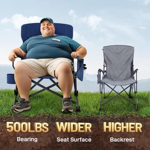 EVER ADVANCED Oversized Folding Camping Chair for Adults, Heavy Duty Lawn Chair with Side Pockets, Portable Collapsible Quad Chair for Outside, Support Up to 500lbs