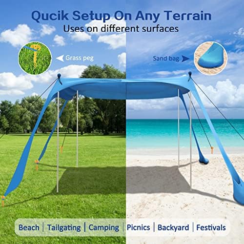Beach Canopy Beach Tent UPF50+ 11x11 FT Easy to Setup Extra Windproof Rope Sun Shelter Beach Shade Canopy with 4 Stability Poles Outdoor Shade for Beach Camping Family