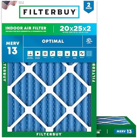 Filterbuy 20x25x2 Air Filter MERV 13 Optimal Defense (2-Pack), Pleated HVAC AC Furnace Air Filters Replacement (Actual Size: 19.50 x 24.50 x 1.75 Inches)