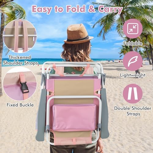 Giantex Folding Beach Chair, Patio Sling Chairs with 5 Adjustable Position, Head Pillow, Storage Bag, Towel Bar, Cup Holders, Backpack Chairs for Sunbathing, Camping Chair