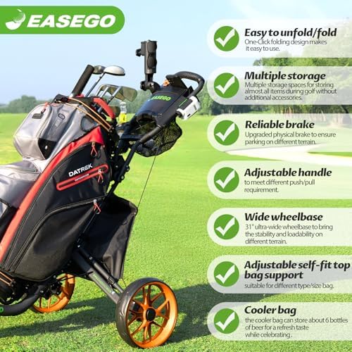 Golf Push Cart 3 Wheel : Golf Bag Cart Foldable with Phone Holder/Cup/Umbrella Holder Compact Golf Pull Carts Quick Fold Golf Caddy Push Carts with Large Wheelbase for Different Terrain