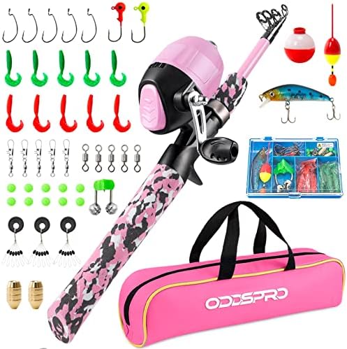 ODDSPRO Kids Fishing Pole Pink, Portable Telescopic Fishing Rod and Reel Combo Kit - with Spincast Fishing Reel Tackle Box for Girls, Youth