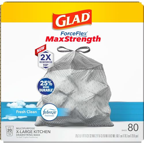 Glad Tall Kitchen Trash Bags 20 Gallon, XL MaxStrength Febreze Fresh Clean Garbage Bags, Drawstring, 80 Count