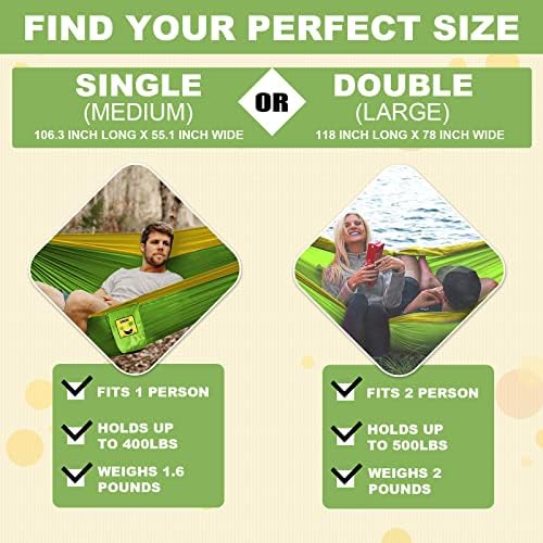 SZHLUX Camping Hammock Double & Single Portable Hammocks with 2 Tree Straps, Great for Hiking,Backpacking,Hunting,Outdoor,Beach,Camping
