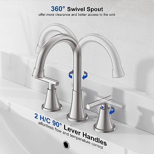 Bathroom Faucets for Sink 3 Hole, Hurran Brushed Nickel Bathroom Sink Faucet with Pop-up Drain and Supply Lines, Stainless Steel Lead-Free Widespread Faucet for Vanity RV, 2 Pack