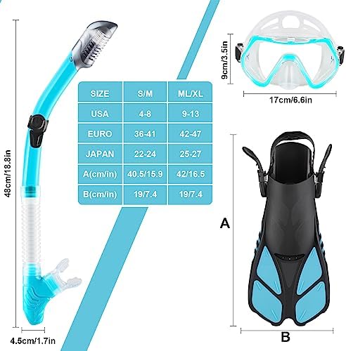 ZEEPORTE Mask Fin Snorkel Set, Travel Size Snorkeling Gear for Adults with Panoramic View Anti-Fog Mask, Trek Fins, Dry Top Snorkel and Gear Bag for Swimming Training, Snorkeling Kit Diving Packages